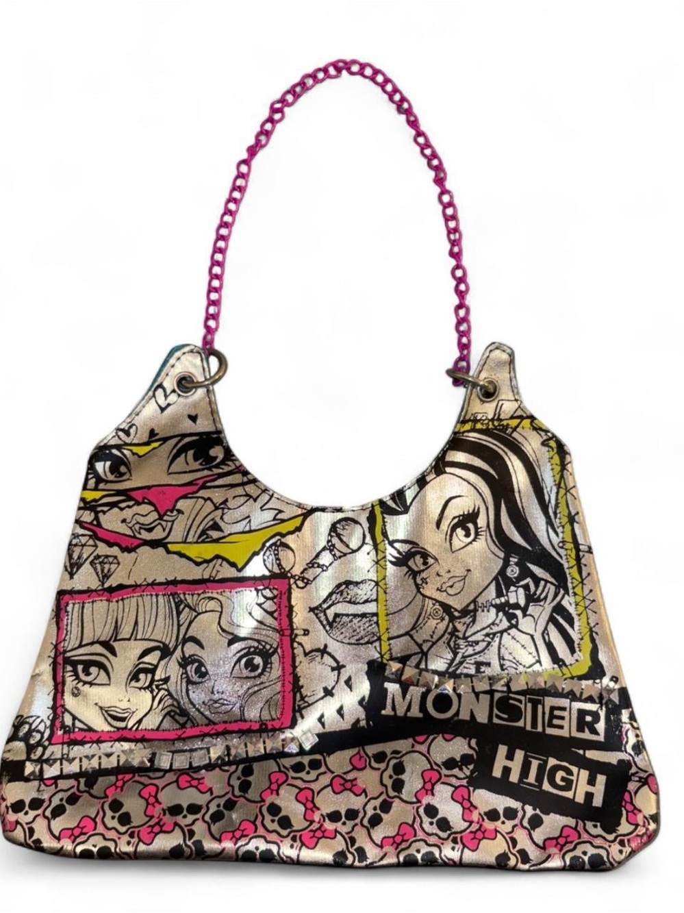 Y2K monster high Silver Shoulder Bag with Pink Chain and Accent Colors